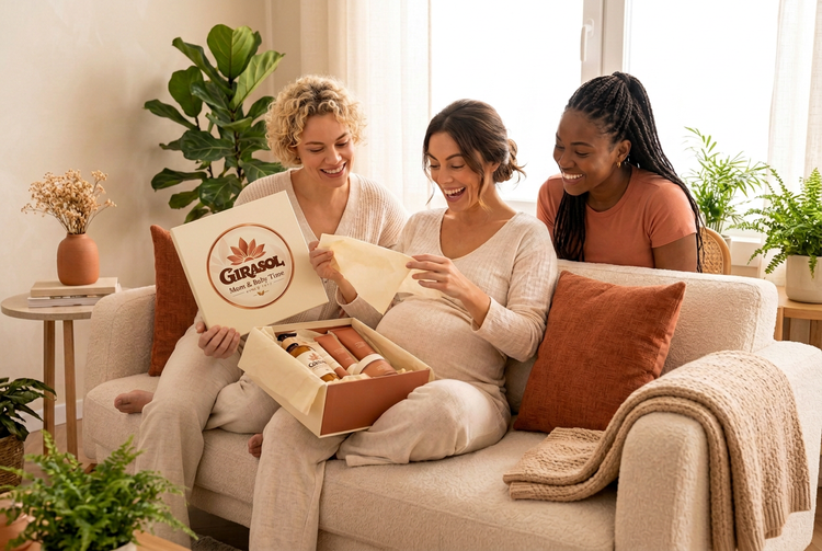 Mamá embarazada con sus amigas y caja con tapa Girasol visible