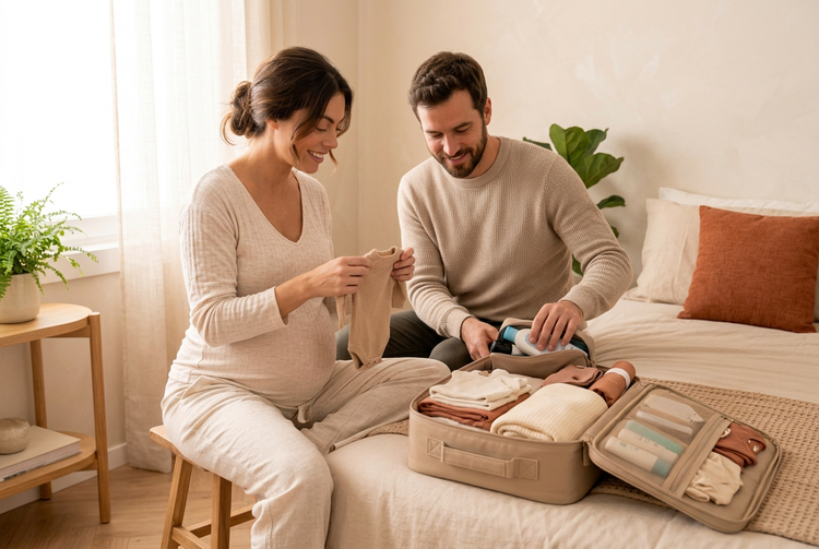 Mamá y su marido preparando juntos el bolso para la clínica