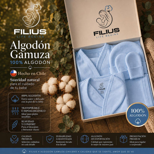 Baby Shower FILIUS Full Box Celeste Set 6 Recién Nacido Algodón Producto Hecho en Chile