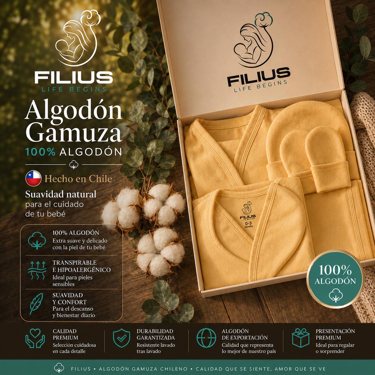 Baby Shower FILIUS Full Box Amarillo Set 6 Recién Nacido Algodón Producto Hecho en Chile