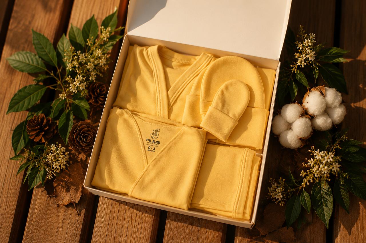 Baby Shower FILIUS Full Box Amarillo Set 6 Recién Nacido Algodón Producto Hecho en Chile