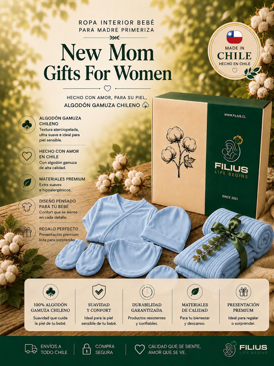Baby Shower FILIUS Full Box Celeste Set 6 Recién Nacido Algodón Producto Hecho en Chile