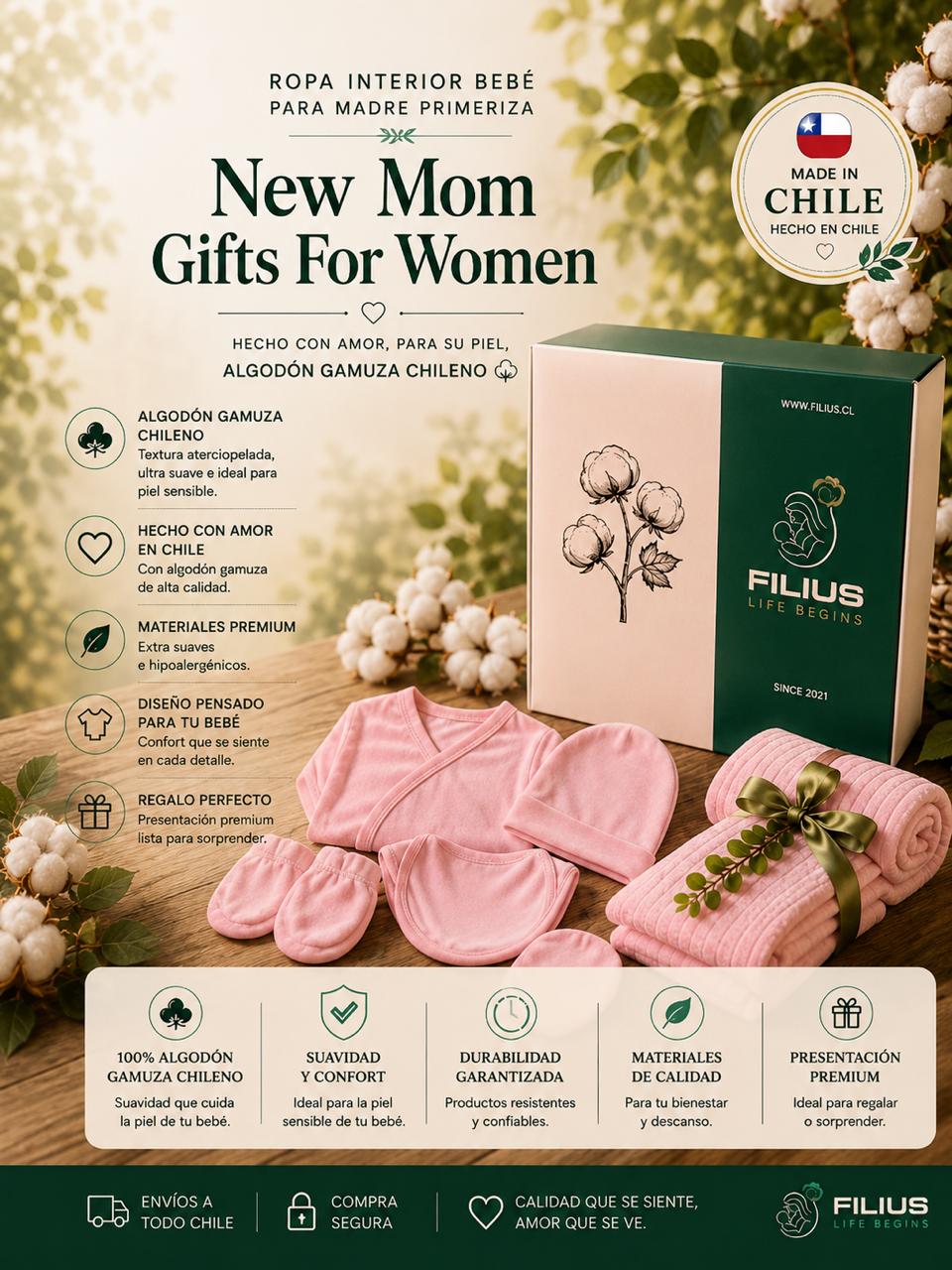 Baby Shower FILIUS Full Box Rosa Set 6 Recién Nacido Algodón Producto Hecho en Chile