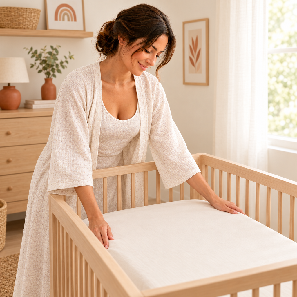 La misma mamá preparando el colchón de la cuna para el descanso del bebé