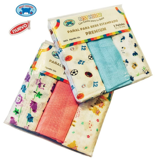 Set Pañales Tela Algodón Estampados 3 Pcs